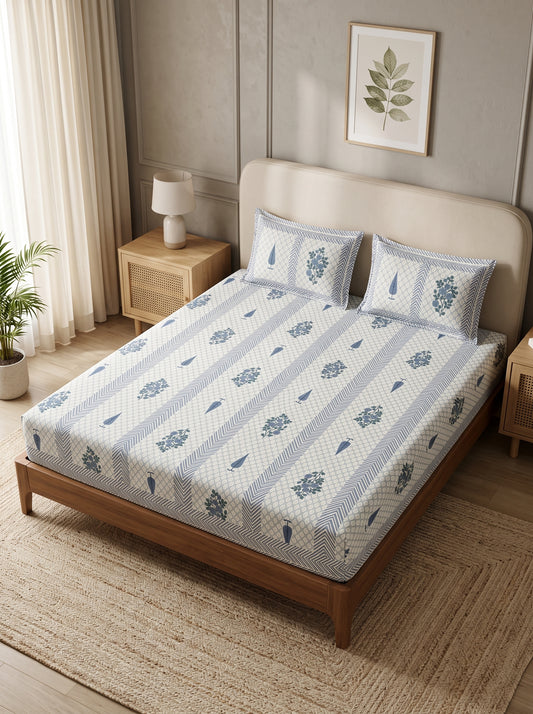 OLIVE HOME White Blue Leaf Floral Buta Striped Cotton King Size Fitted Bedsheet Set