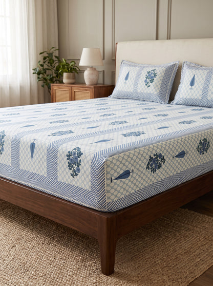 OLIVE HOME White Blue Leaf Floral Buta Striped Cotton King Size Fitted Bedsheet Set